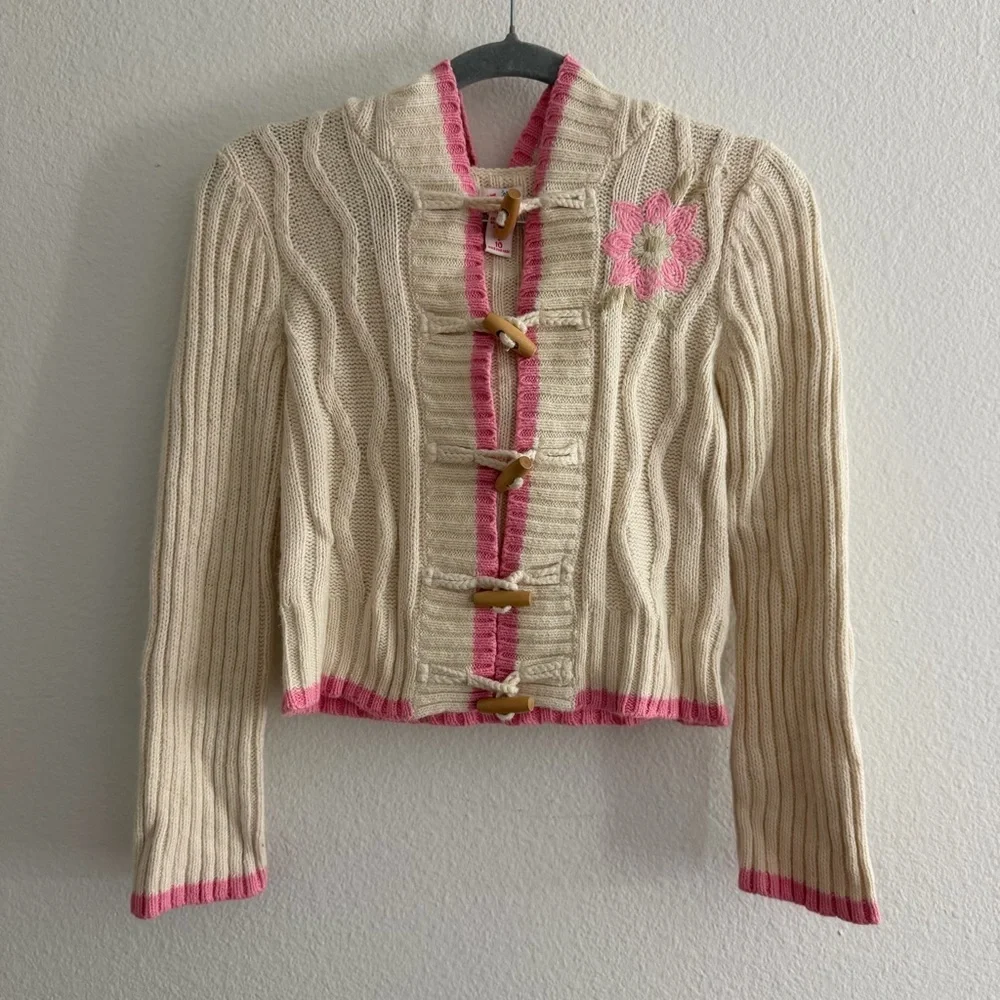 Justice Youth Girls y2k Cream and Pink Hooded Cardigan with Toggle Closures